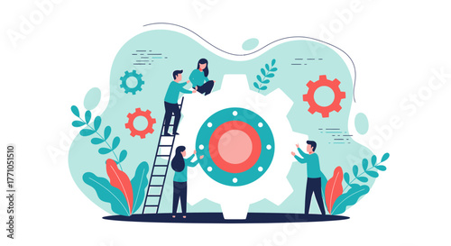 Illustrated Teamwork: People Collaborating Around a Central Gear Mechanism