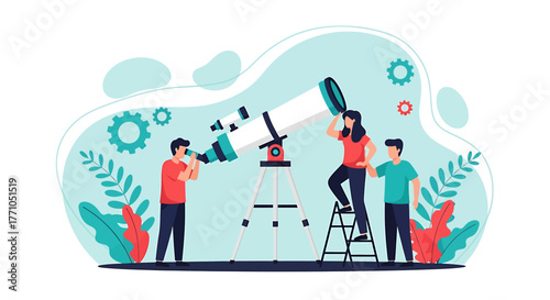 Group of People Observing the Sky with a Large Telescope.