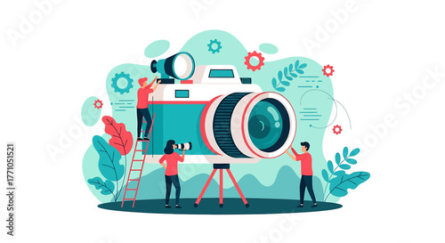 Illustrated Team Assembling a Giant Camera with Teal Accents and Red Details