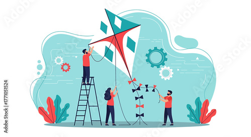 Teamwork Building a Kite with Gears and Diamond Accents, Ladder and String