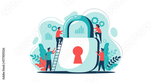 Teamwork Securing Data: People Working on a Padlock with Charts and Gears