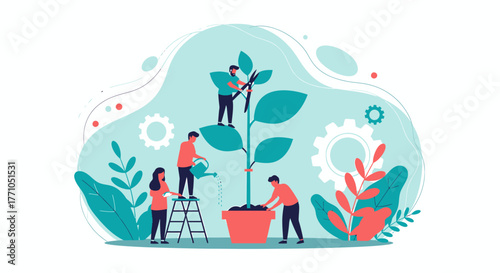 Collaborative Effort Nurturing Growth: Teamwork and Plant Care Illustration