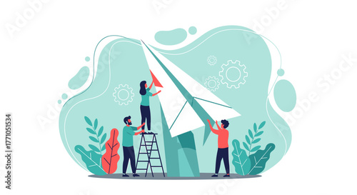 Collaborative Team Assembling a Large Paper Airplane with Ladder and Foliage