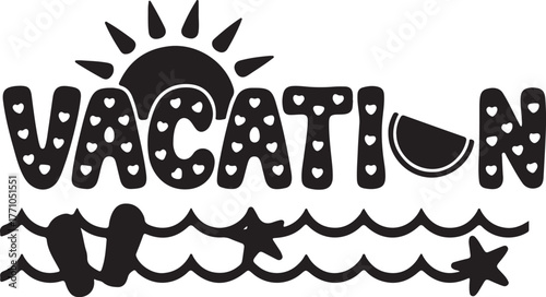 Summer vacation text design with sun waves flip-flops and starfish icons isolated on transparent background