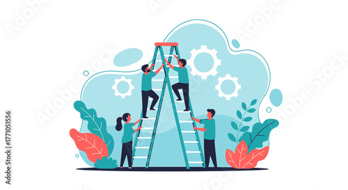 Collaborative Team Climbing Ladders to Achieve Common Goals and Success