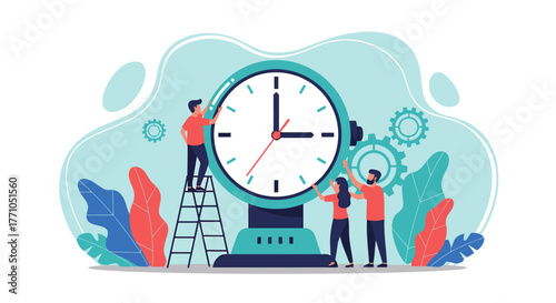 Teamwork and Time Management: People Working on a Giant Clock