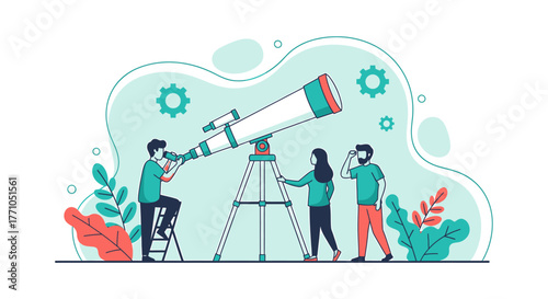 Illustrated group observing through a large telescope with tripod and ladder