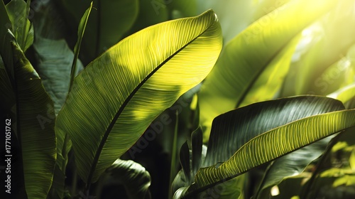 Lush tropical foliage shows vibrant green leaves illuminated by bright sunlight filtering through the canopy