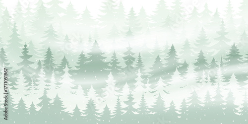 Winter coniferous forest, snowfall and blizzard, cartoon nature, vector illustration