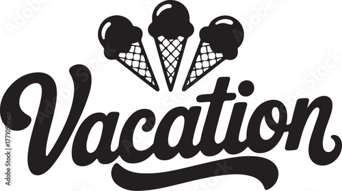 Retro vacation ice cream cone typography design for summer fun and sweet treats isolated on transparent background
