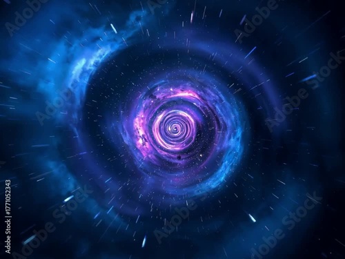 Space warp tunnel animation with neon light beams and spiral galaxy motion. Designed for VJ loops, cosmic backgrounds, and futuristic media.