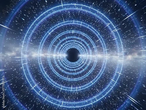 Seamless galaxy tunnel loop with glowing energy waves, star particles, and space warp effects. Perfect for cosmic visuals and sci-fi motion art.