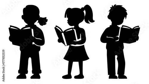 Engaging silhouettes of children reading books, fostering a love for literature and learning, perfect for educational materials and promoting literacy programs