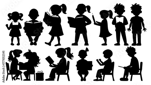 Captivating silhouette collection of children reading, writing and learning, perfect for education projects, school materials, and promoting literacy initiatives