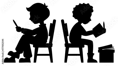 Engaging silhouette of children learning and writing, perfect for education, school projects, and promoting literacy in a simple, modern design