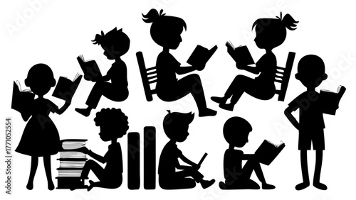 Silhouette children engrossed in reading books, fostering a love for learning and imagination, perfect for educational resources and creative storytelling