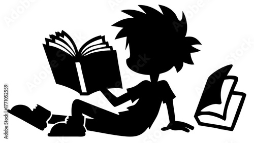 Engaging young reader absorbed in a captivating book, another book rests nearby, inviting exploration and knowledge, fostering imagination and learning