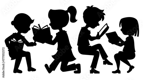 Engaging Kids Reading Books Together Silhouette, Promoting Education and Literacy, Perfect for School Projects and Children's Literature Illustrations, Vector