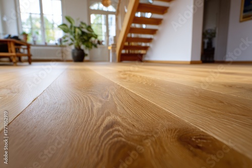 Warm wood flooring and staircase in a bright, modern home.