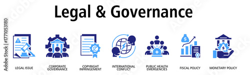 Legal & Governance banner web icon vector illustration concept with icon of legal issue, corporate governance, copyright infringement, international conflict, public health emergencies