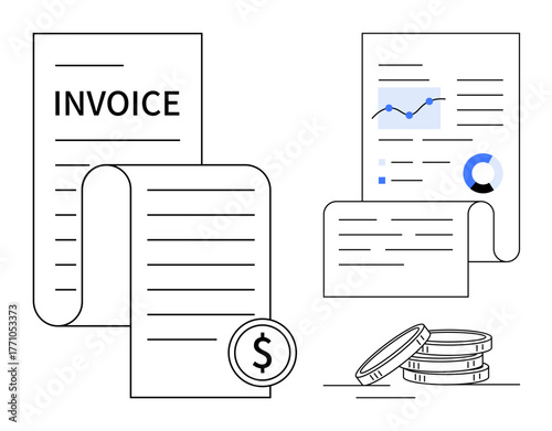 Invoice, financial report with charts and coins depicting economic transactions, budgeting, and accounting. Ideal for finance, business planning, data visualization, reporting, billing auditing