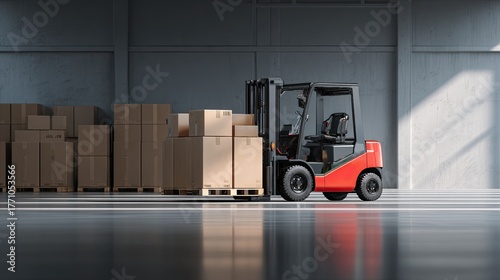 Wallpaper Mural A red forklift stands beside stacks of cardboard boxes in a well-lit warehouse, showcasing an efficient storage and logistics environment. Torontodigital.ca