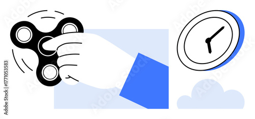 Hand spinning a black fidget spinner next to stylized clock and cloud. Ideal for stress relief, time management, balance, productivity, mindfulness, focus, simple flat metaphor