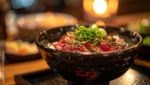 Wagyu beef donburi, glossy and rich, blurred background for ad copy