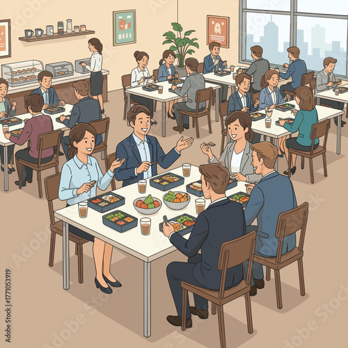 Friendly colleagues enjoying a relaxing lunch together in a bright company cafeteria, sharing conversations, smiles, and delicious food during break time.