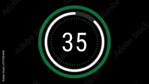 40-second sleek green and white countdown with a rotating dashed inner ring, a pulsating outer circle, and a decreasing time gauge on a black background. 4K Motion Graphics.