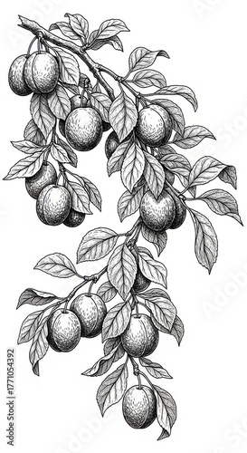 Black and white a detailed drawing of a plum tree branch with ripe plums and leaves isolated on white background. Vintage botanical drawing of plum tree branches with ripe fruit and detailed leaves