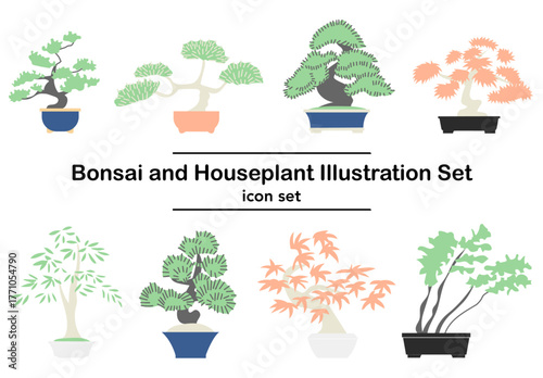 盆栽と観葉植物を描いたベクターイラストセットで自然と落ち着きを感じるデザイン素材｜和風インテリアやナチュラルな雰囲気のデザインに適した盆栽と植物の組み合わせ