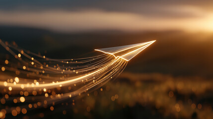 Illuminated Paper Airplane: A radiant paper airplane soars against a blurred background, leaving a trail of glowing particles, representing ideas, innovation, and boundless flight.