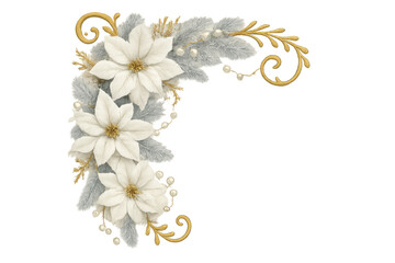 White poinsettias and frosted pine branches forming a festive christmas corner border with gold accents and pearls