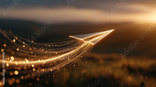 Illuminated Paper Airplane: A radiant paper airplane soars against a blurred background, leaving a trail of glowing particles, representing ideas, innovation, and boundless flight.