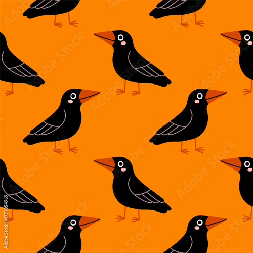 Simple raven crow hand drawn Halloween seamless pattern on orange background. Vector wallpaper illustration repeat design for fabric print, sticker, cover, wrapping.