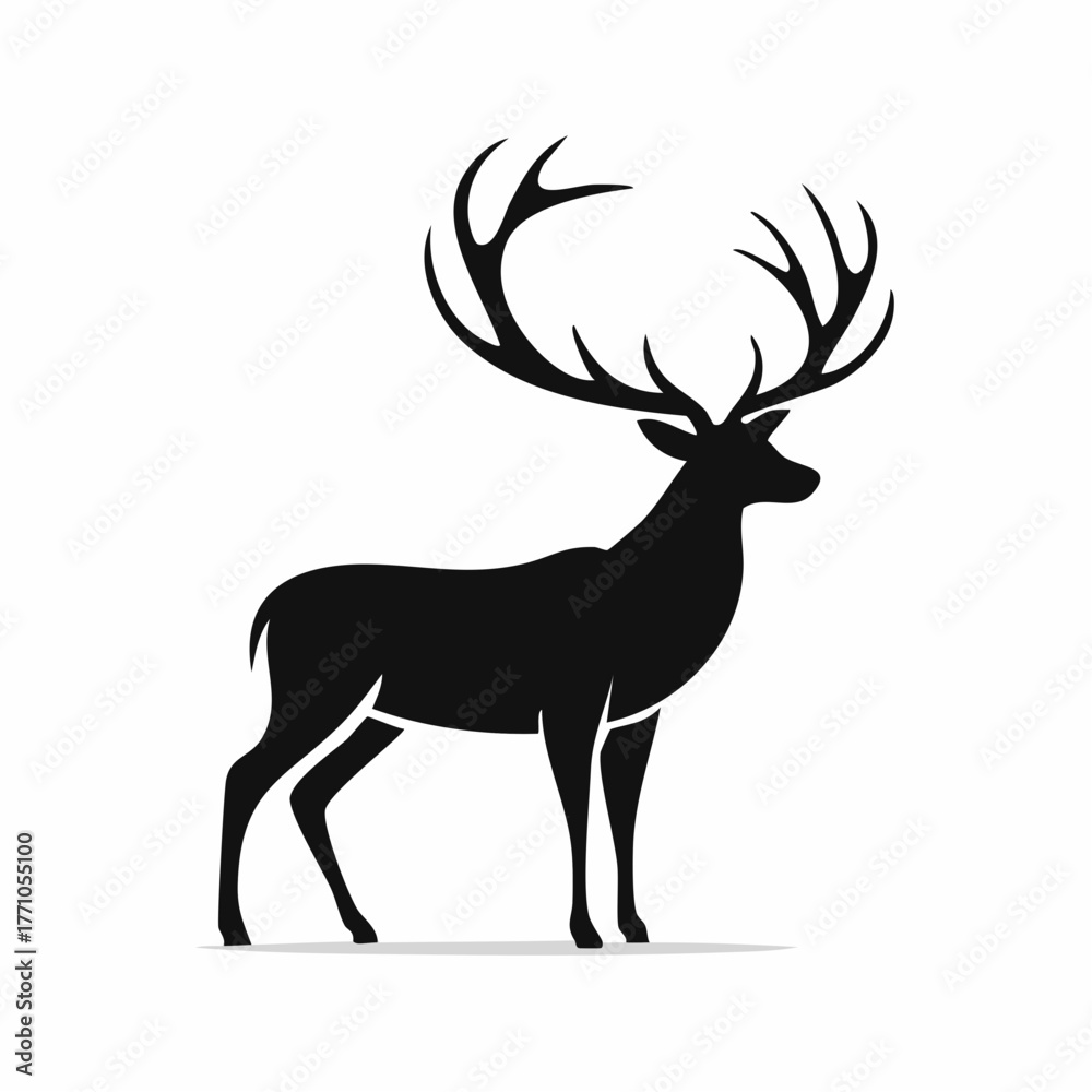 Fototapeta premium Stylized black vector silhouette of a deer with large antlers, simple clean shapes, white background, editable vector for elegant logo design