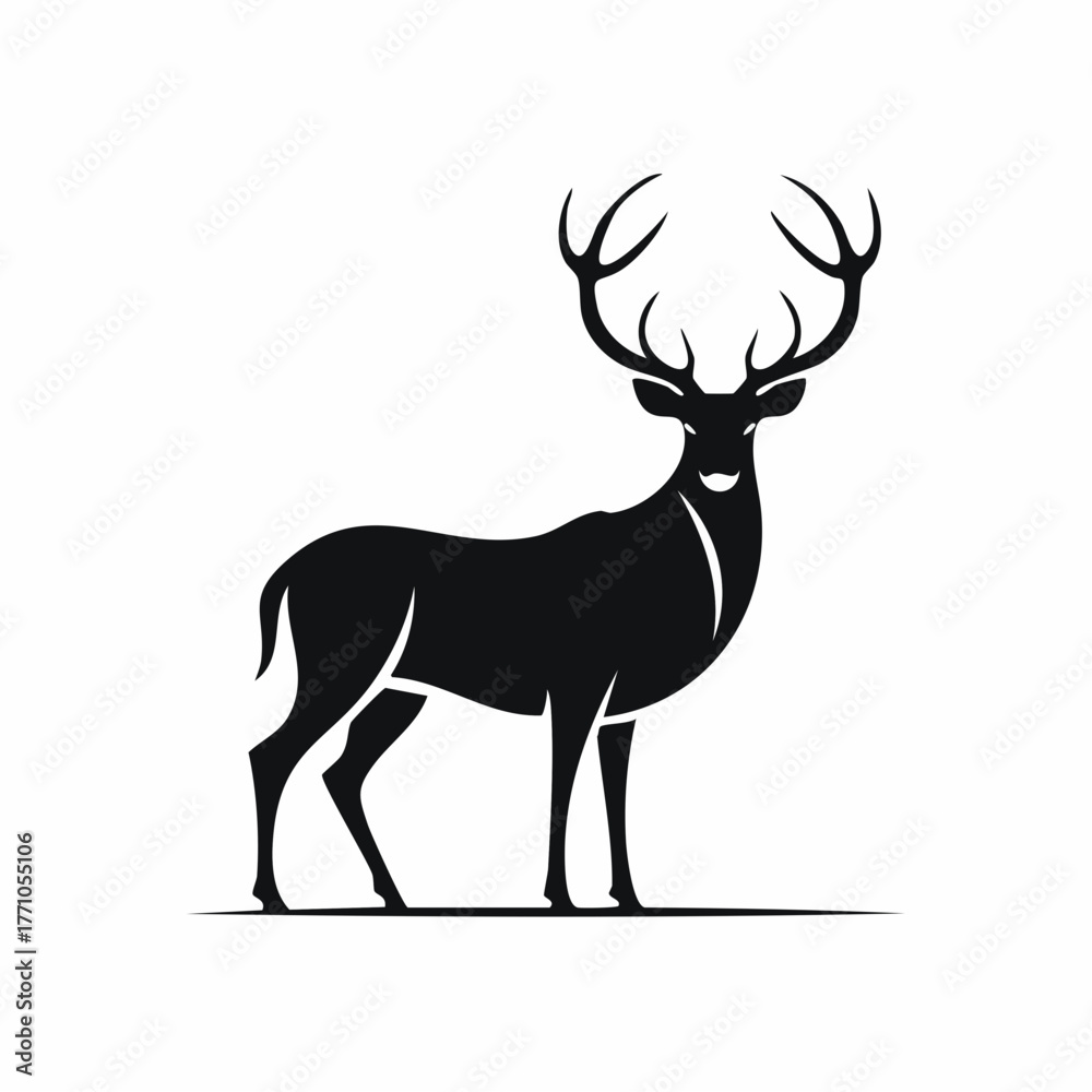 Fototapeta premium Stylized black vector silhouette of a deer with large antlers, simple clean shapes, white background, editable vector for elegant logo design
