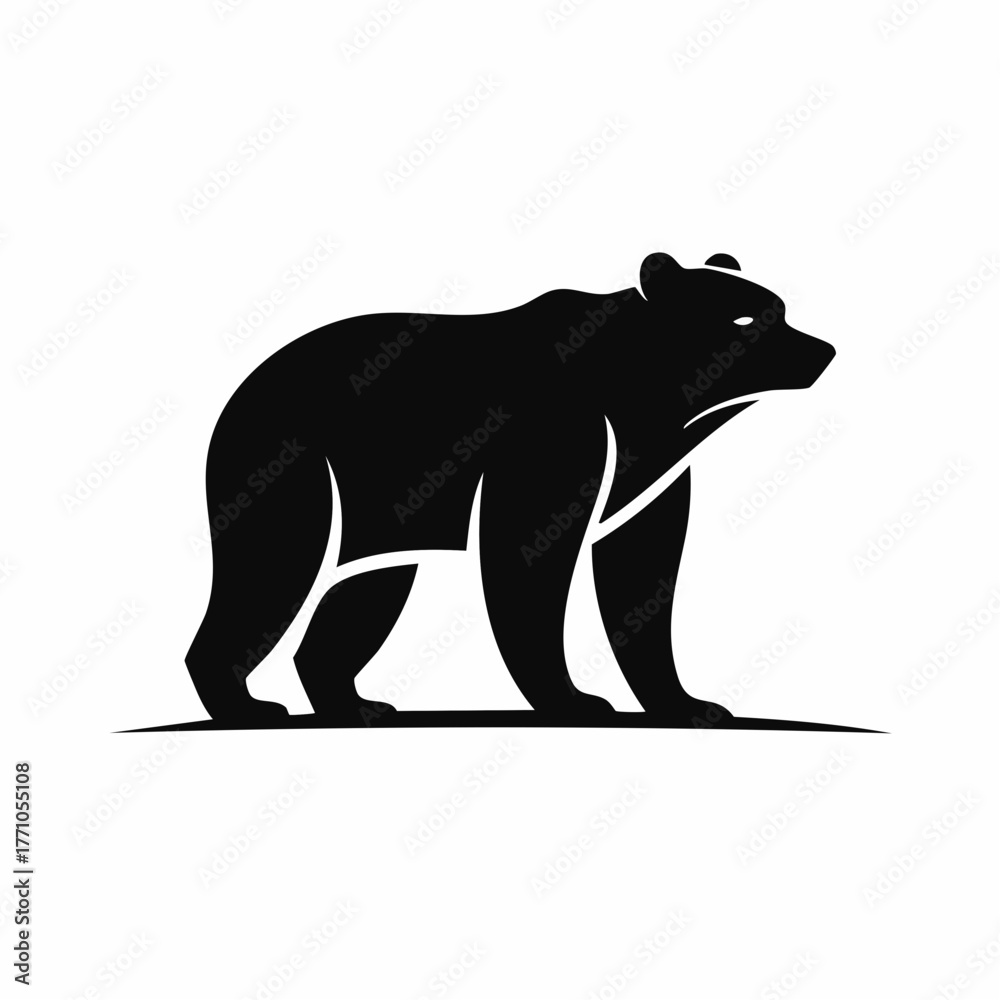Fototapeta premium Stylized black vector silhouette of a bear with strong yet smooth outlines, clean minimalist form, white background, editable for logo use