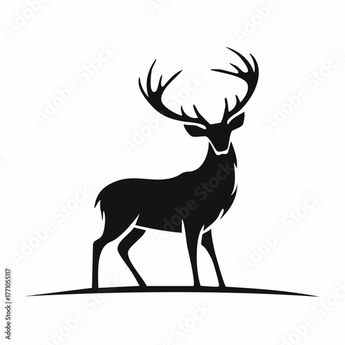 Stylized black vector silhouette of a deer with large antlers, simple clean shapes, white background, editable vector for elegant logo design