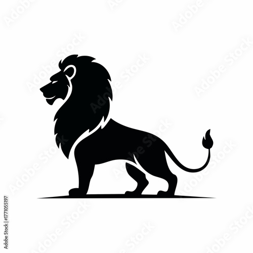 Stylized black vector silhouette of a lion with simple smooth curves, clean white background, editable for minimalist logo design