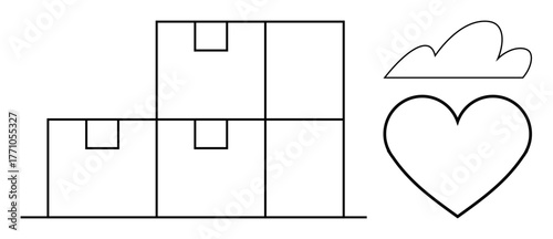 Minimalist stacked boxes, cloud, and heart line art conveying storage, delivery, care, sustainability, charity, love and organization. Ideal for logistics shipping charity e-commerce teamwork