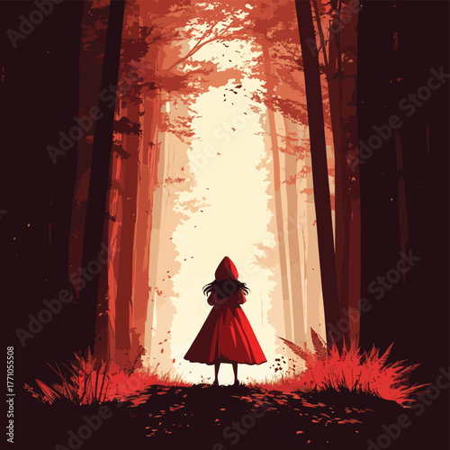 Little Red Riding Hood in the reddish forest comes into the light   , vector style simple color