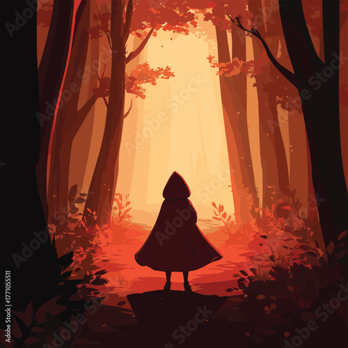 Little Red Riding Hood in the reddish forest comes into the light   , vector style simple color