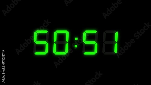 Green Digital Countdown Timer Starting at 55:00 (55 seconds) on Black Background, Featuring High-Visibility LED Display. 4K Motion Graphics