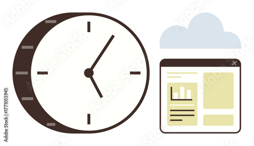 Analog clock next to a browser window and a light cloud icon, emphasizing efficient scheduling, online collaboration, and data analysis. Ideal for business, productivity, remote work, cloud tools
