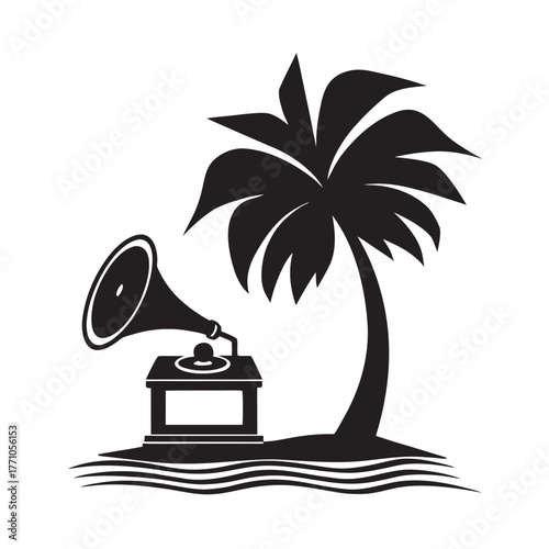 Vintage Gramophone Playing Music Under Palm Silhouette