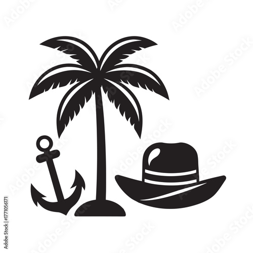 Sailor Hat And Anchor Beside Palm On Beach Silhouette