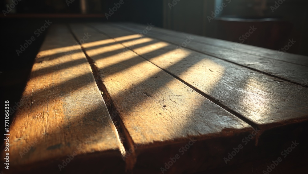 Obraz premium Sunlight streams across weathered wooden planks forming striped shadows.