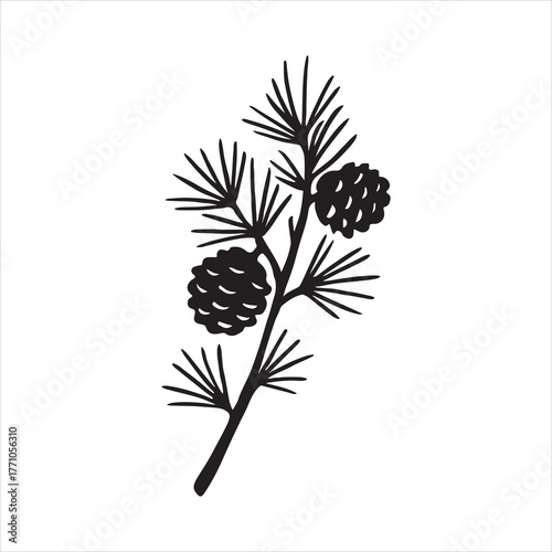 Elegant Pine Branch with Cones on White Background for Christmas Card Design and Winter Decoration Projects silhouette vector icon